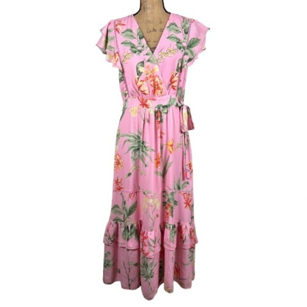Gibson Latimer Pink Tropical Floral Midi Dress Ruffle Flutter Sleeve Size 6